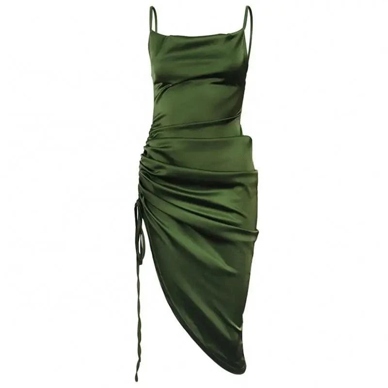 Sexy Ruched Satin Summer Dress Drawstring Spaghetti Straps Cowl Neck Backless Long Dresses for Women Party