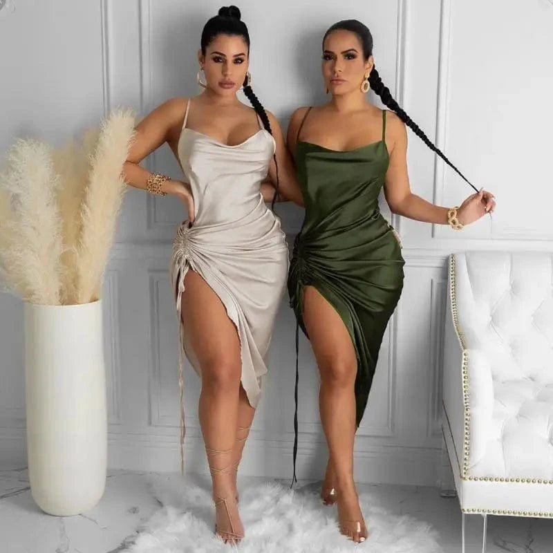 Sexy Ruched Satin Summer Dress Drawstring Spaghetti Straps Cowl Neck Backless Long Dresses for Women Party