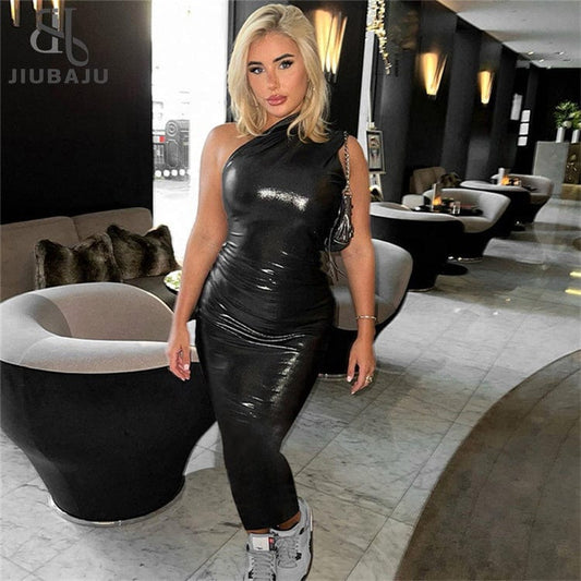 Sexy Solid Asymmetric Bodycon Maxi Dresses Club Outfit For Women 2023 Inclined Collar Party Long Dress