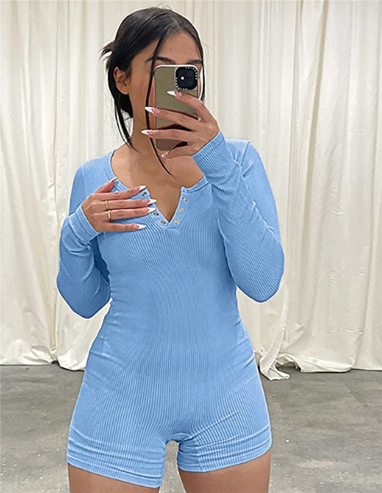 Sexy Solid Ribbed Bodycon Romper Spring Outfit For Women 2023 Long Sleeve O Neck Sports One Pieces Female Playsuit