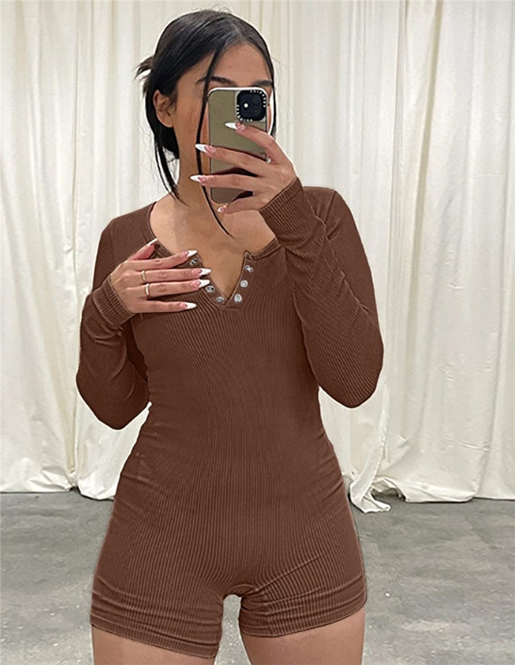 Sexy Solid Ribbed Bodycon Romper Spring Outfit For Women 2023 Long Sleeve O Neck Sports One Pieces Female Playsuit