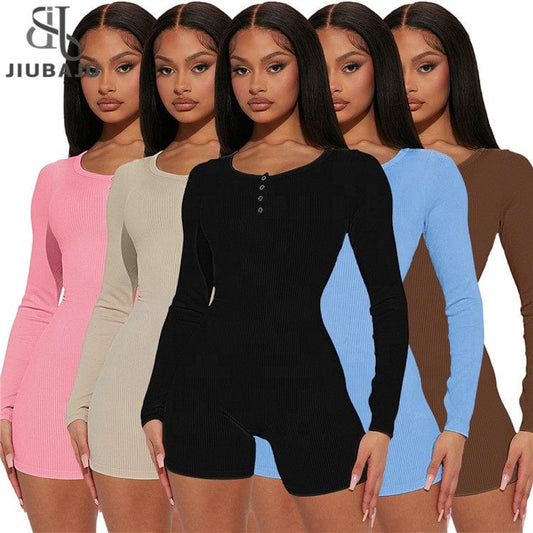 Sexy Solid Ribbed Bodycon Romper Spring Outfit For Women 2023 Long Sleeve O Neck Sports One Pieces Female Playsuit