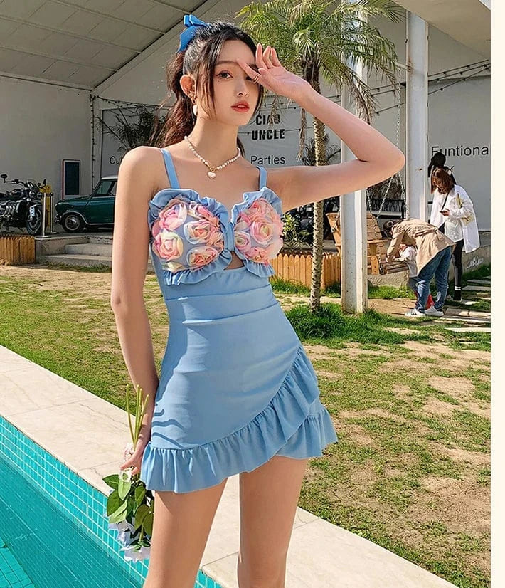 Sexy Solid Slimming  Effect Floral Bud One-Piece Swimsuit with Conservative Skirt Design swimsuit skirt