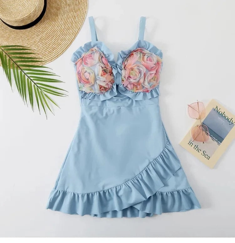 Sexy Solid Slimming  Effect Floral Bud One-Piece Swimsuit with Conservative Skirt Design swimsuit skirt