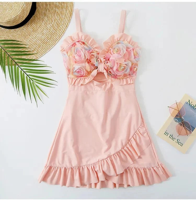 Sexy Solid Slimming  Effect Floral Bud One-Piece Swimsuit with Conservative Skirt Design swimsuit skirt