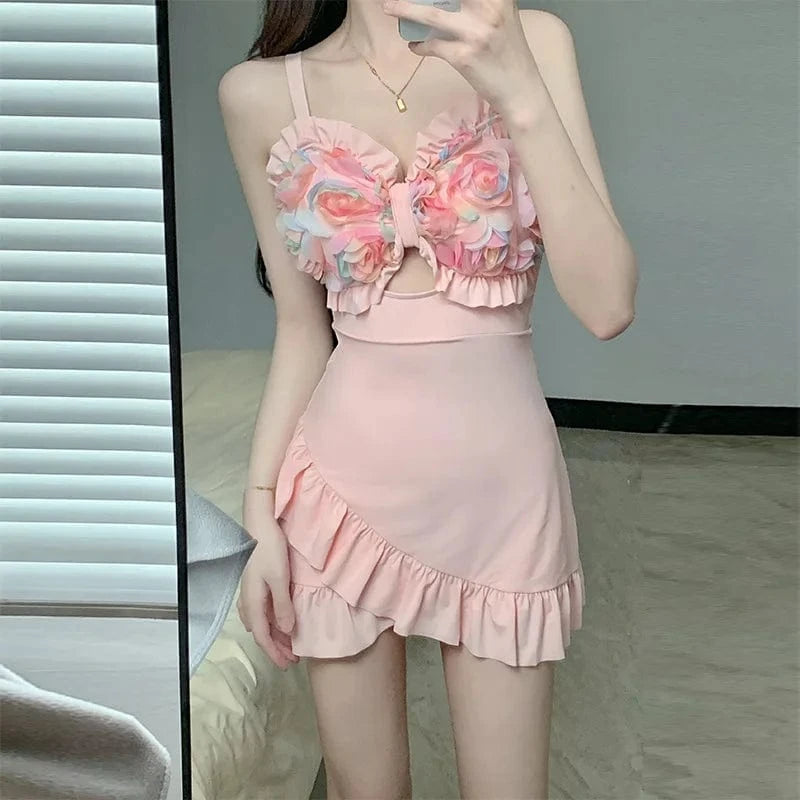 Sexy Solid Slimming  Effect Floral Bud One-Piece Swimsuit with Conservative Skirt Design swimsuit skirt