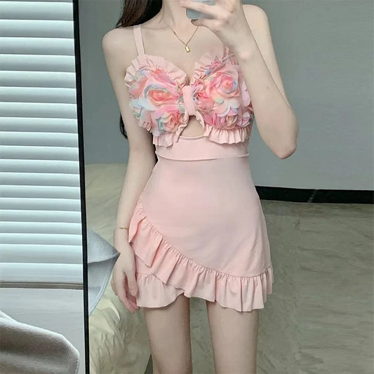 Sexy Solid Slimming  Effect Floral Bud One-Piece Swimsuit with Conservative Skirt Design swimsuit skirt