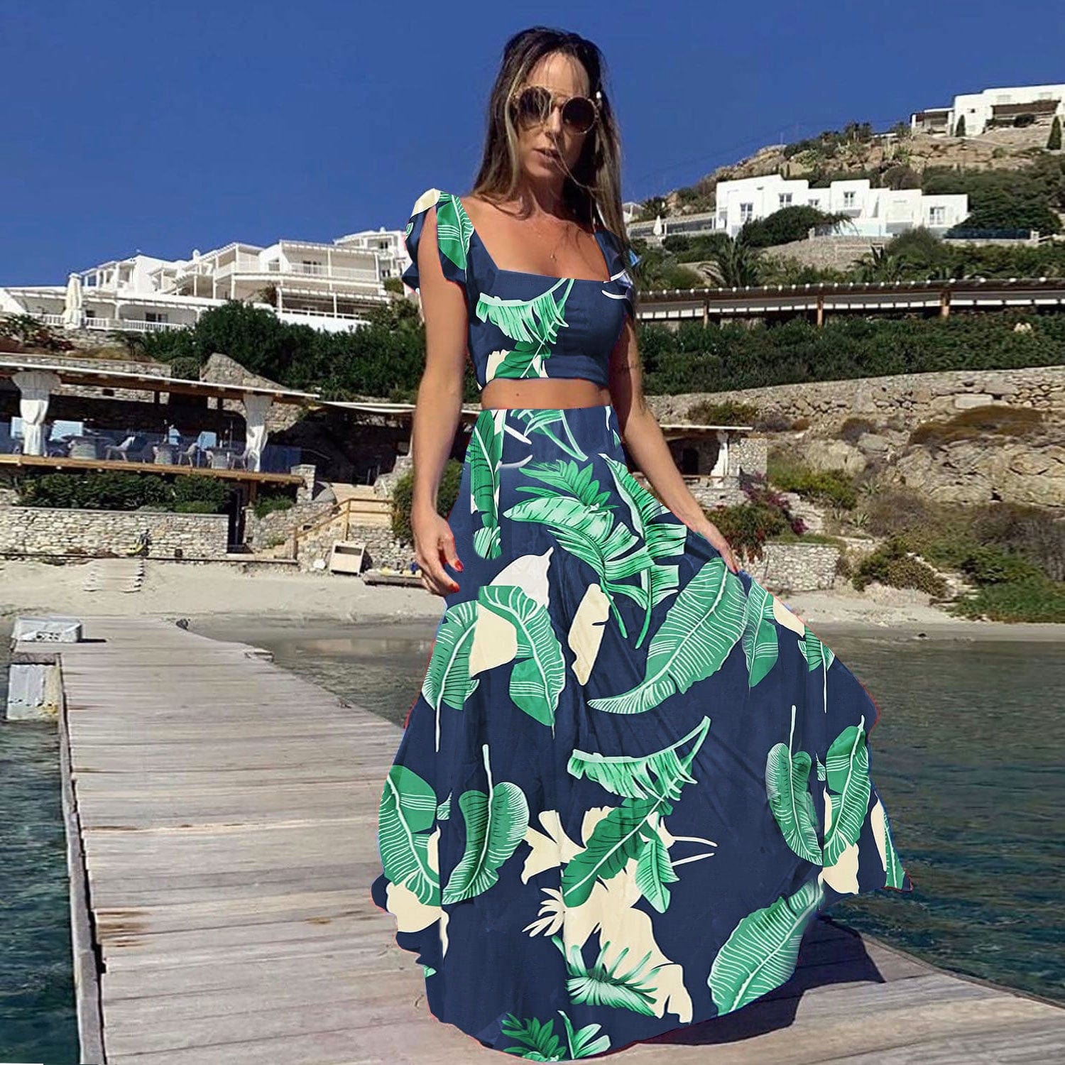 Sexy Spaghetti Straps Elegant Square Collar Corset Top Two Pieces Set Casual Dresses Printed Summer Vacation Beach Style Vestido