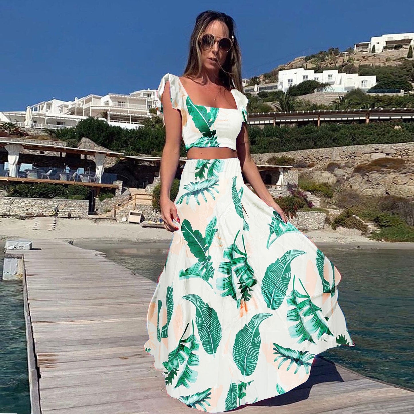 Sexy Spaghetti Straps Elegant Square Collar Corset Top Two Pieces Set Casual Dresses Printed Summer Vacation Beach Style Vestido