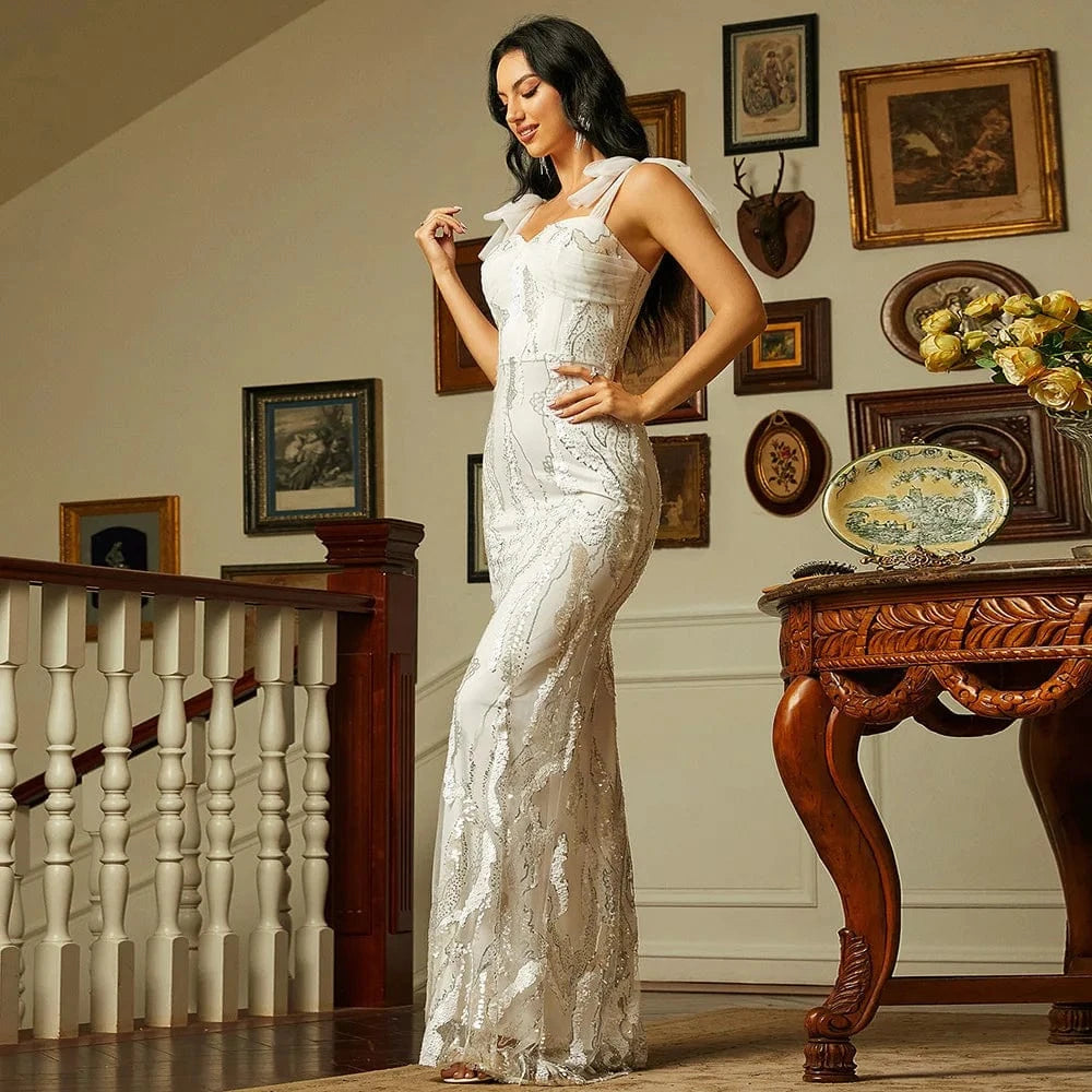 Sexy Summer Sequins Long Fashion Dress Women's Elegant Evening Party Runway Dress