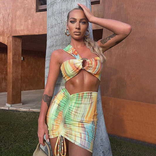 Sexy Two Piece Women Sets Strapless One Shoulder Sequined Crop Tops Skirt Set y2k Beach Holiday B1605