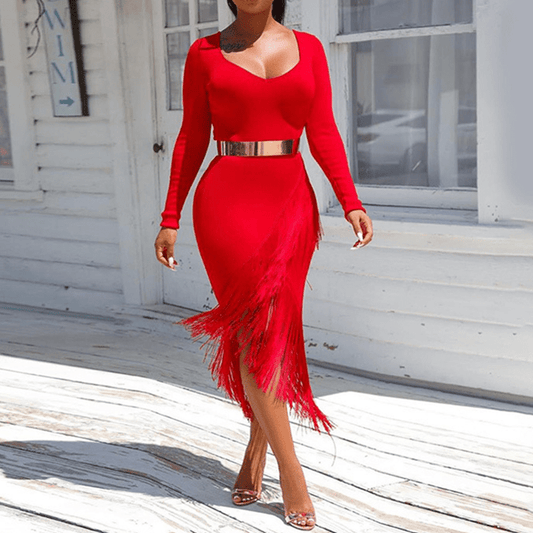 Sexy V-neck Long Sleeves Bodycon Chic Tassel Lady Party Cocktail Dress