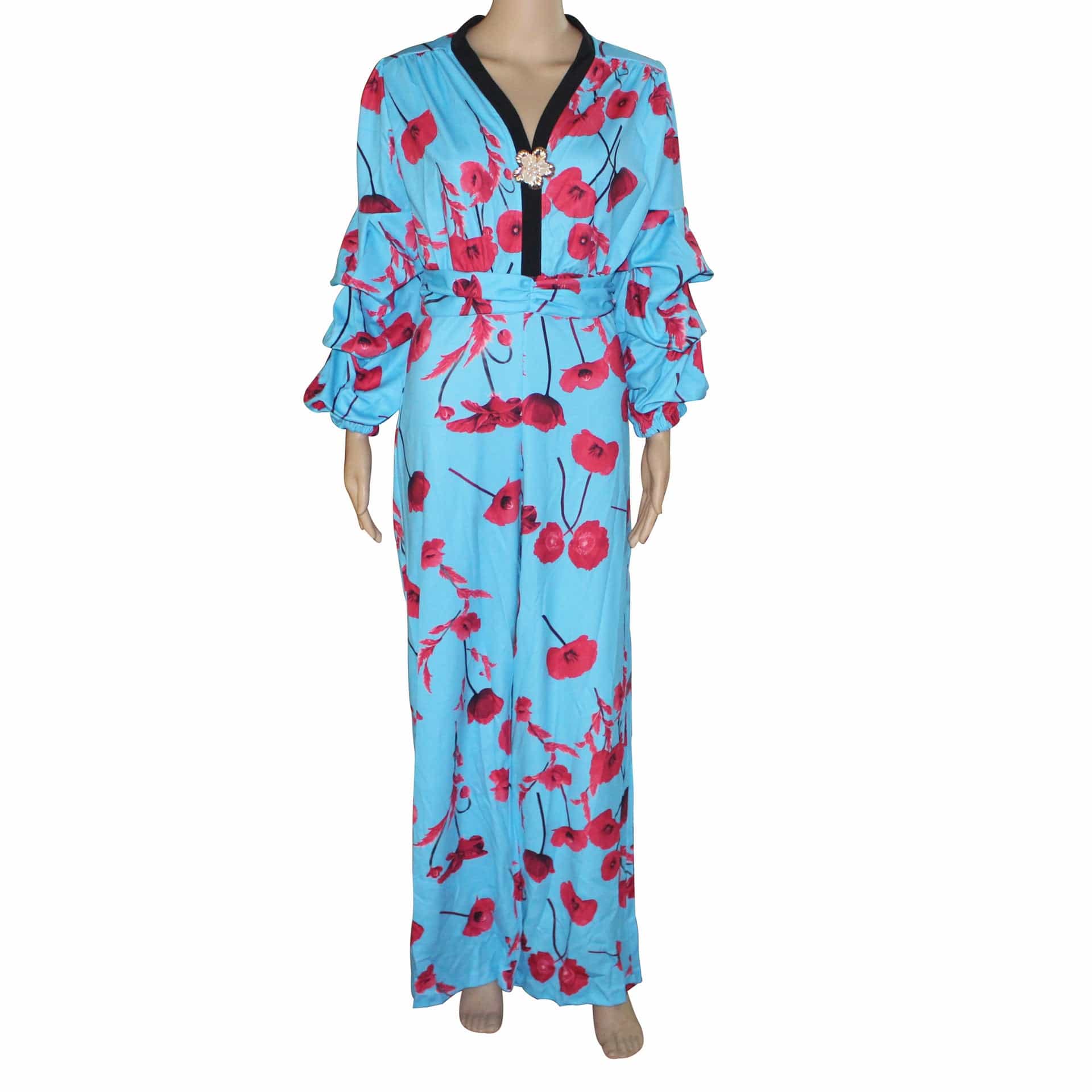Sexy V-neck Puff Sleeve Printed Casual Wide Leg Lady Jumpsuits Rompers