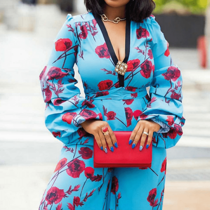 Sexy V-neck Puff Sleeve Printed Casual Wide Leg Lady Jumpsuits Rompers