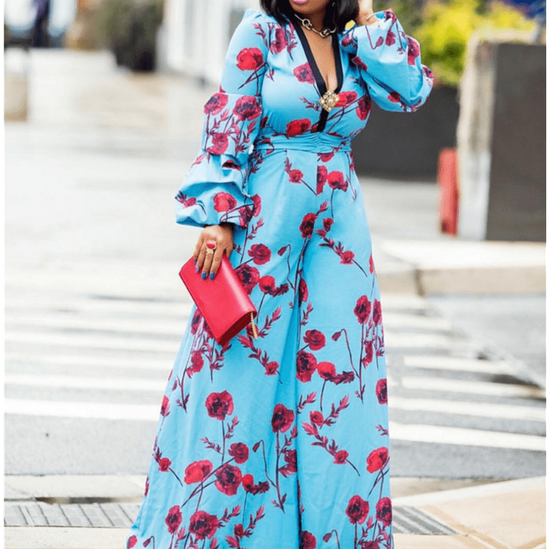 Sexy V-neck Puff Sleeve Printed Casual Wide Leg Lady Jumpsuits Rompers