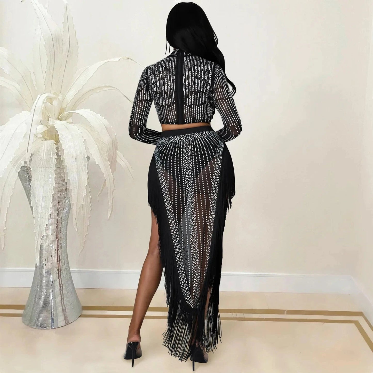 Sexy Woman Nightclub Party Sequin Mesh See Through Long Sleeve Top Split Tassel Skirt Two-piece Set