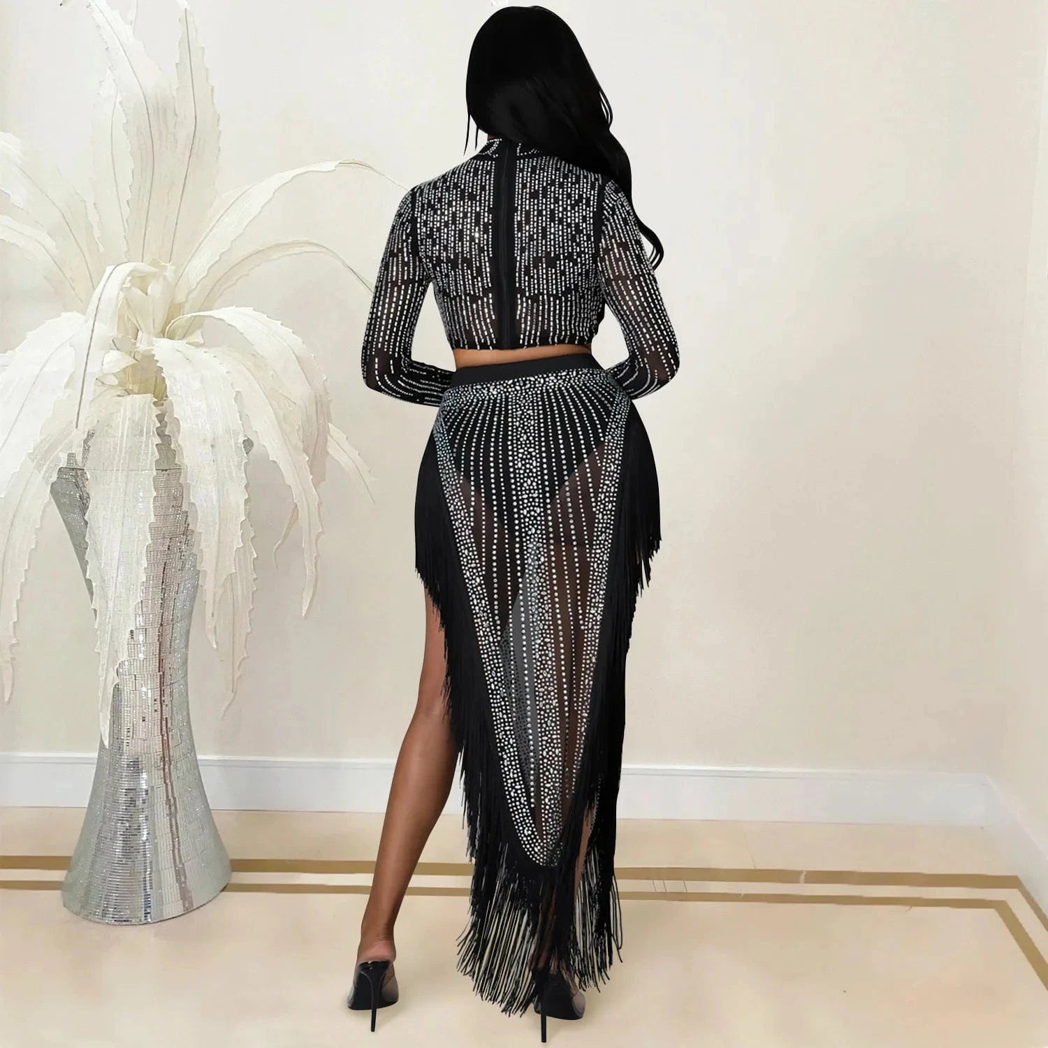 Sexy Woman Nightclub Party Sequin Mesh See Through Long Sleeve Top Split Tassel Skirt Two-piece Set