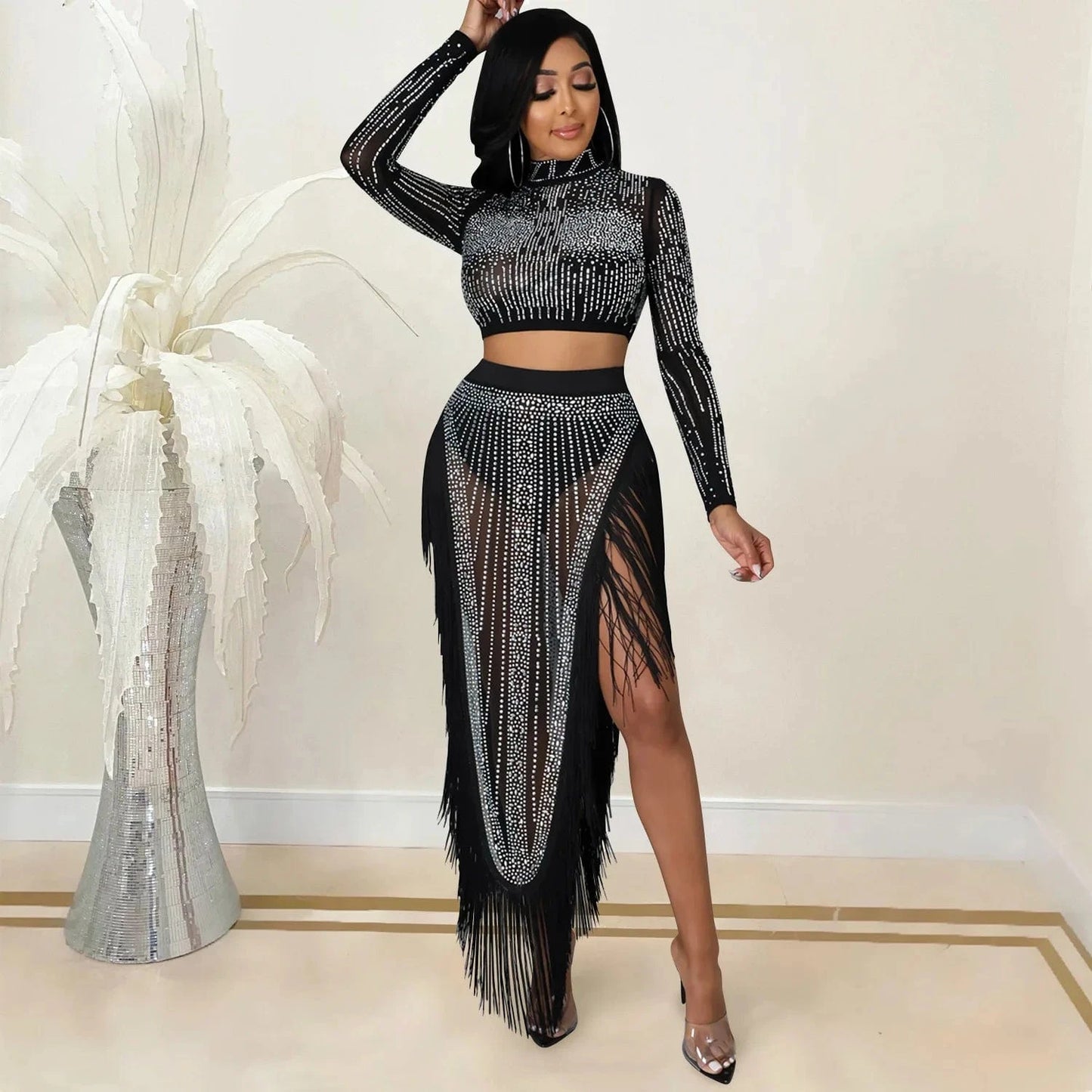 Sexy Woman Nightclub Party Sequin Mesh See Through Long Sleeve Top Split Tassel Skirt Two-piece Set