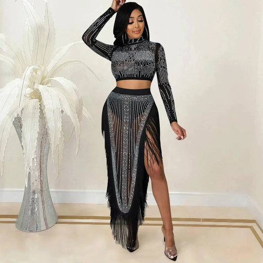 Sexy Woman Nightclub Party Sequin Mesh See Through Long Sleeve Top Split Tassel Skirt Two-piece Set