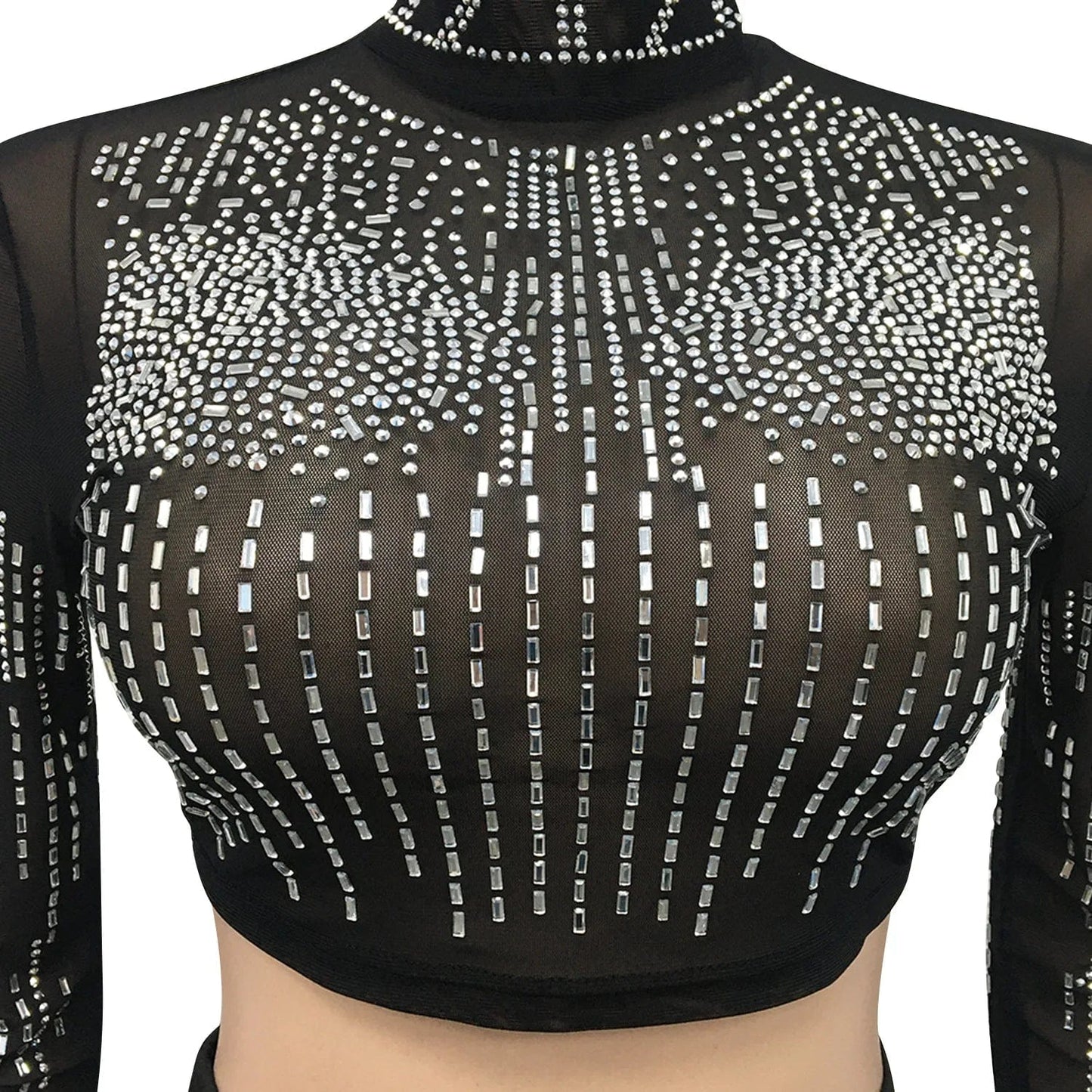 Sexy Woman Nightclub Party Sequin Mesh See Through Long Sleeve Top Split Tassel Skirt Two-piece Set