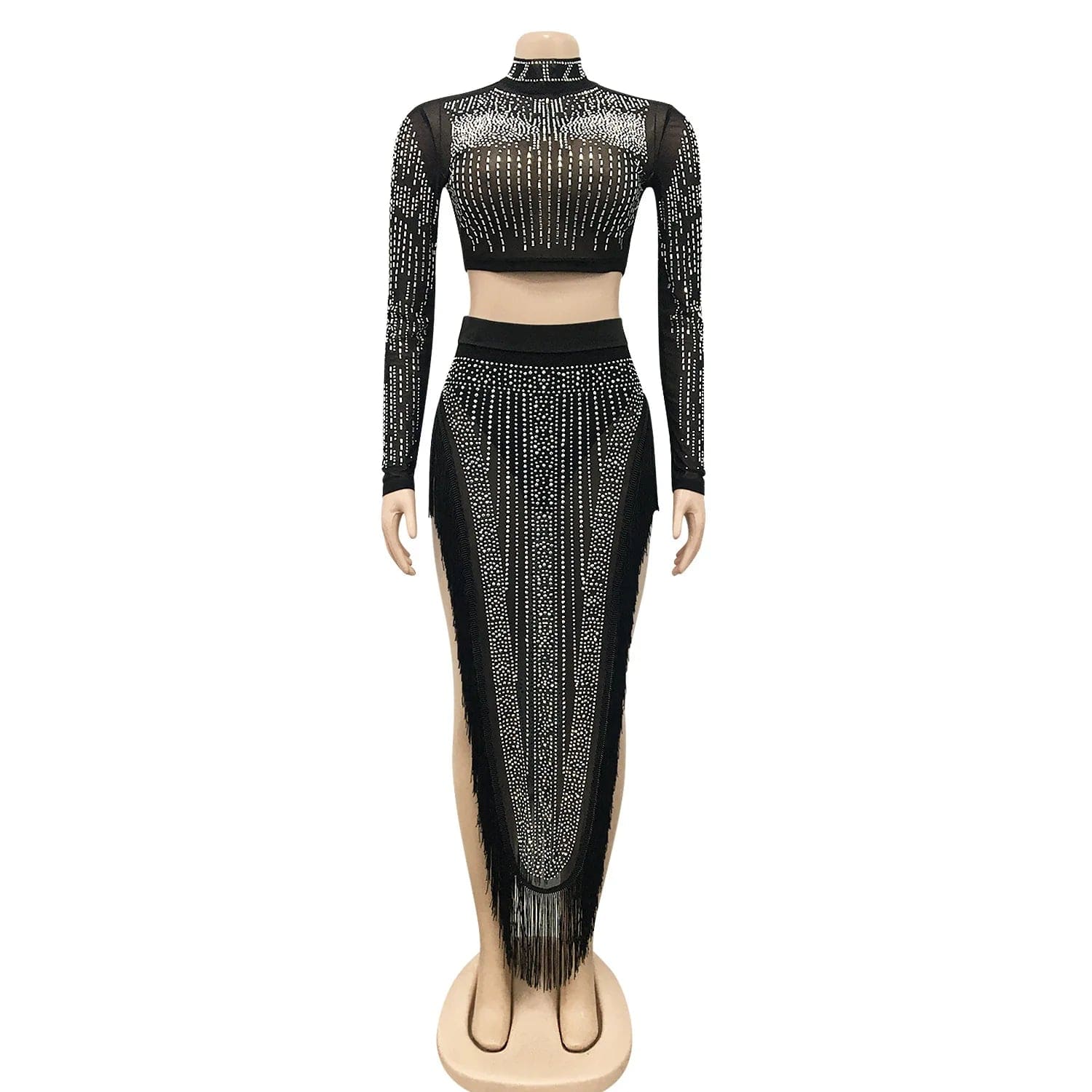 Sexy Woman Nightclub Party Sequin Mesh See Through Long Sleeve Top Split Tassel Skirt Two-piece Set