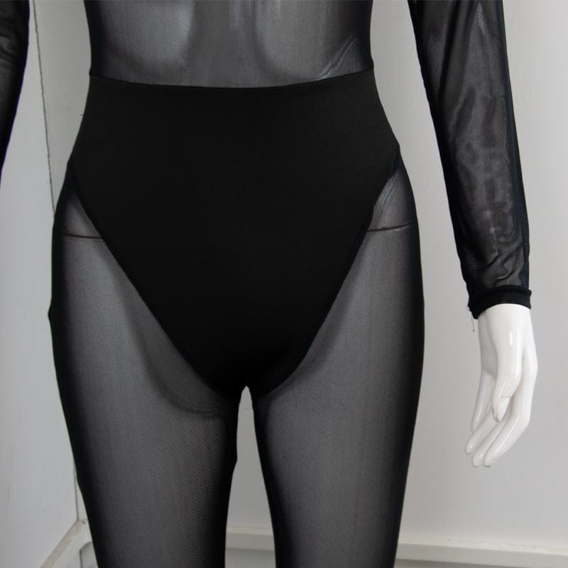 sexy women black transparent lingerie romper see through mesh long sleeve one piece patchwork jumpsuit latex lingerie for women
