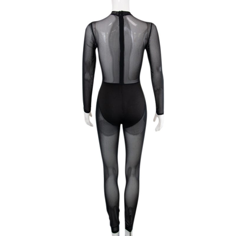 sexy women black transparent lingerie romper see through mesh long sleeve one piece patchwork jumpsuit latex lingerie for women