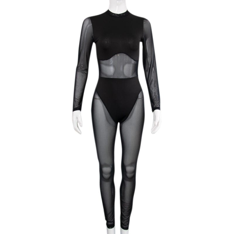 sexy women black transparent lingerie romper see through mesh long sleeve one piece patchwork jumpsuit latex lingerie for women