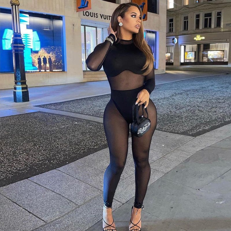 sexy women black transparent lingerie romper see through mesh long sleeve one piece patchwork jumpsuit latex lingerie for women