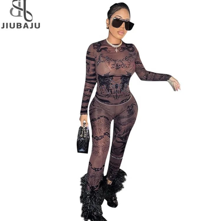 Sexy Women'S Mesh Printed Skinny Casual Set Round Neck Long Sleeve Top Slim Pencil Pants 2Pcs Fashion Streetwear Set