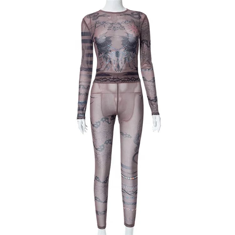 Sexy Women'S Mesh Printed Skinny Casual Set Round Neck Long Sleeve Top Slim Pencil Pants 2Pcs Fashion Streetwear Set