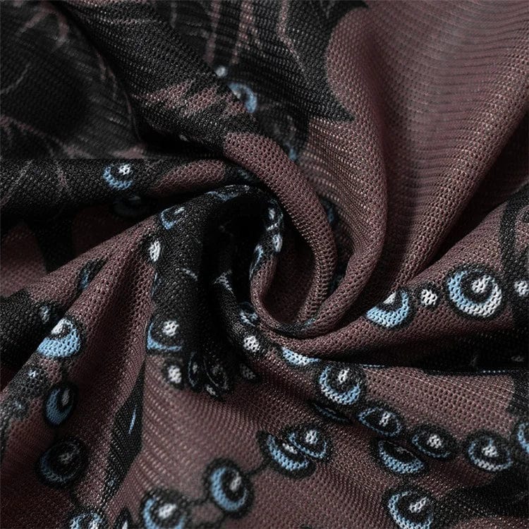 Sexy Women'S Mesh Printed Skinny Casual Set Round Neck Long Sleeve Top Slim Pencil Pants 2Pcs Fashion Streetwear Set