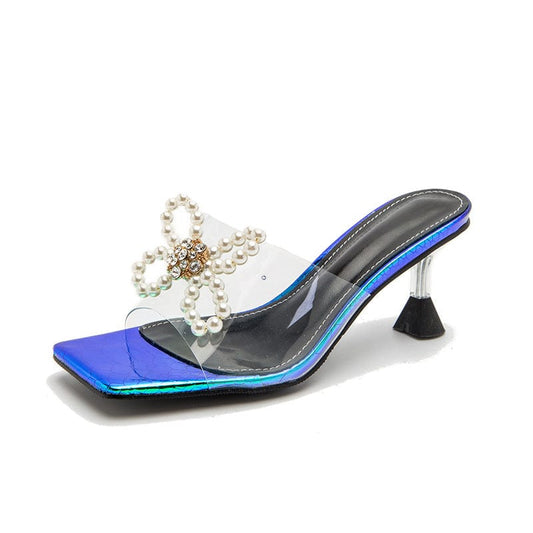 sh10274a Pearl Bowknot Sandals Women 2023 Sweet Square Head Transparent Outdoor Wear Heeled Slipper