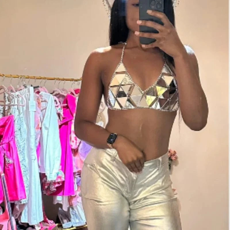 Shaped Backless Crop Metallic Halter Bustier Top