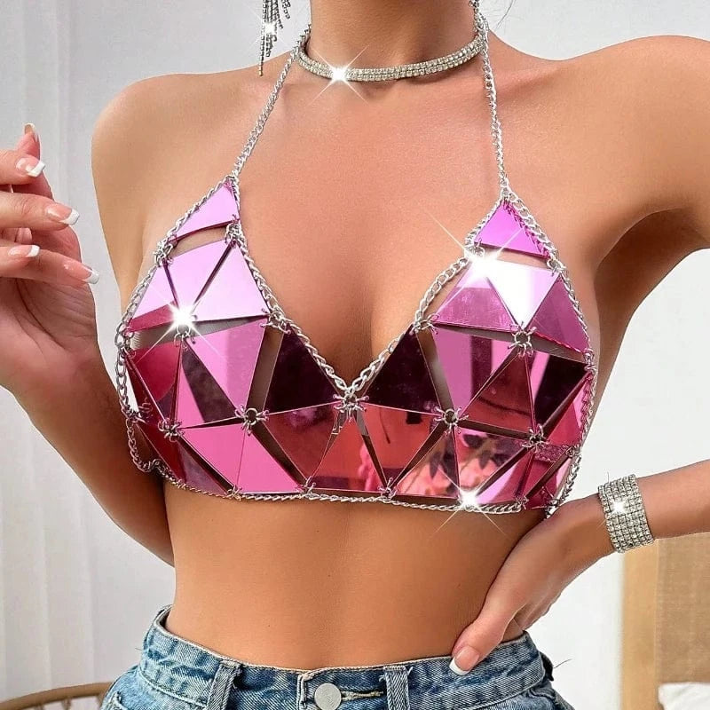 Shaped Backless Crop Metallic Halter Bustier Top