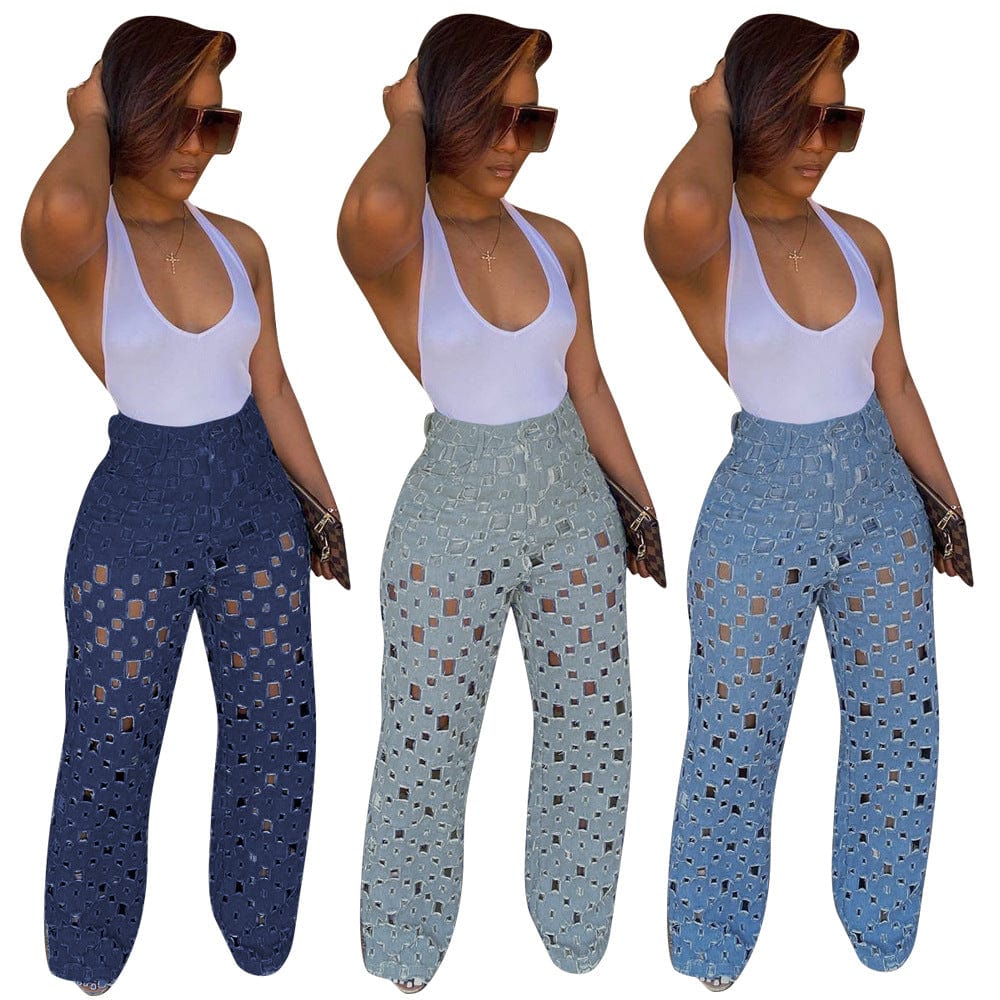 Sharee 2023 Fashionable Hollow Out Wide Leg Ripped Jeans High Waisted Denim Jeans Women