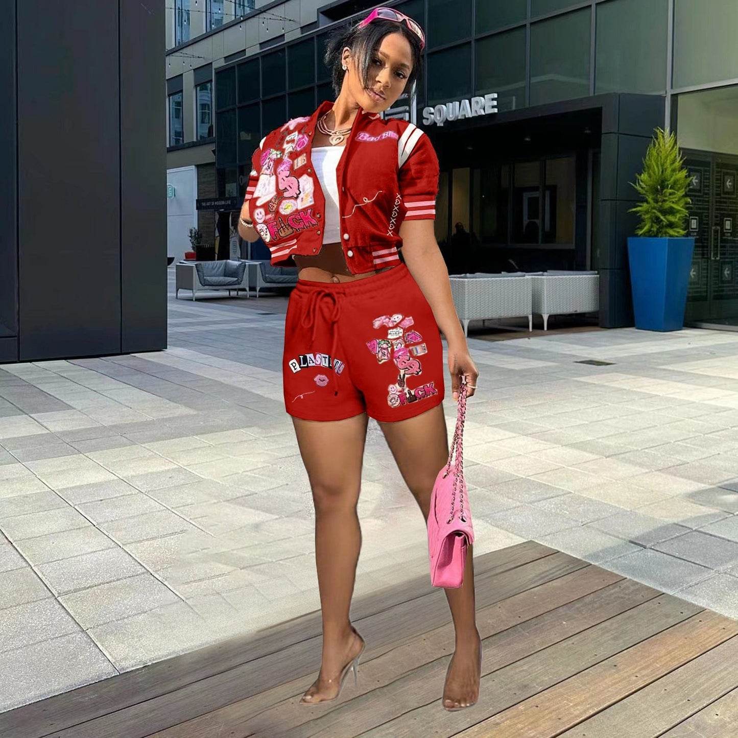 Sharee 2023 Hot Selling Women Summer Clothes With Button Print Baseball Jacket Shorts Set Women 2 Piece Sets