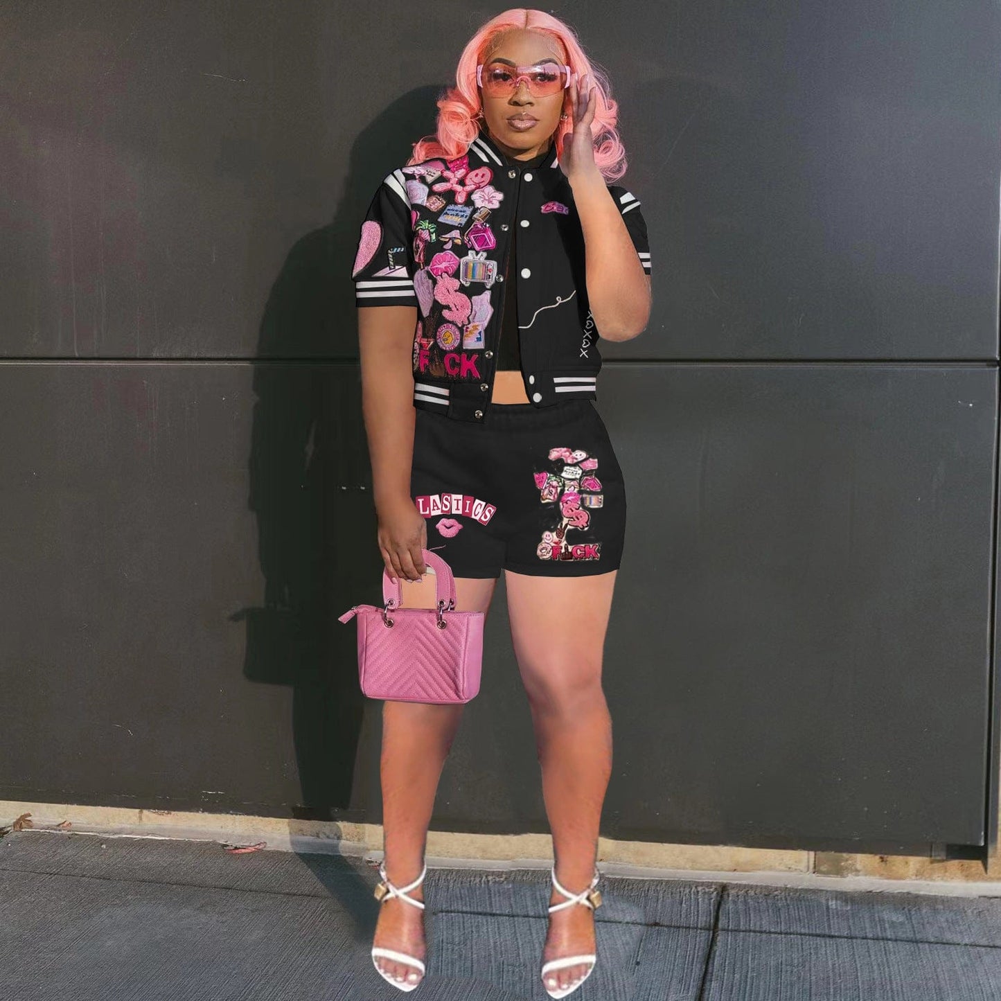 Sharee 2023 Hot Selling Women Summer Clothes With Button Print Baseball Jacket Shorts Set Women 2 Piece Sets