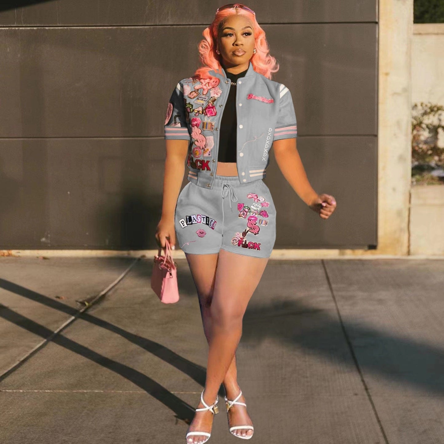 Sharee 2023 Hot Selling Women Summer Clothes With Button Print Baseball Jacket Shorts Set Women 2 Piece Sets