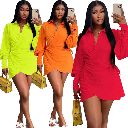 Sharee 2023 New Arrivals Spring Fall Women Sexy Deep V Shirt Dresses Fashion Women Clothing Solid Long Sleeve Casual Mini Dress