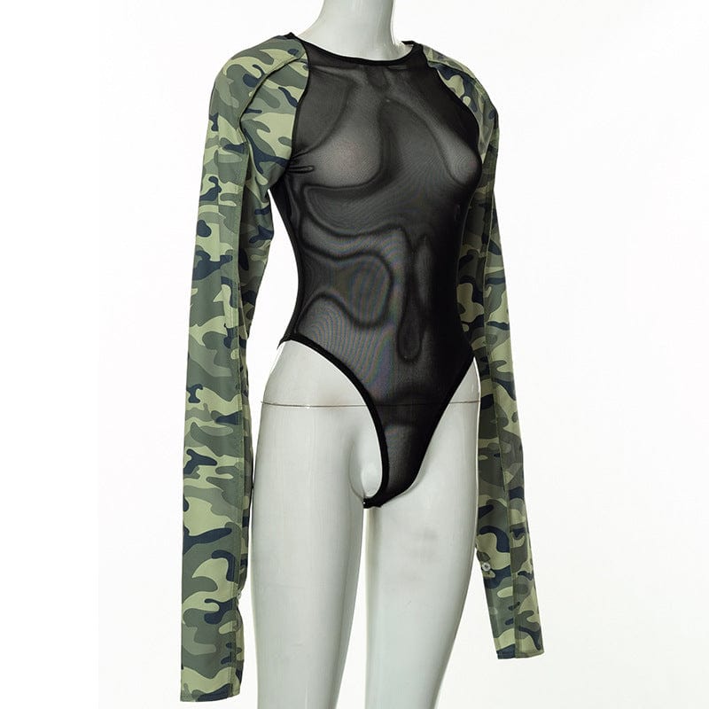 Sharee 2023 New Camouflage Long Sleeve Mesh Bodysuit One Piece Bodycon Jumpsuit Sexy Bodysuits For Women
