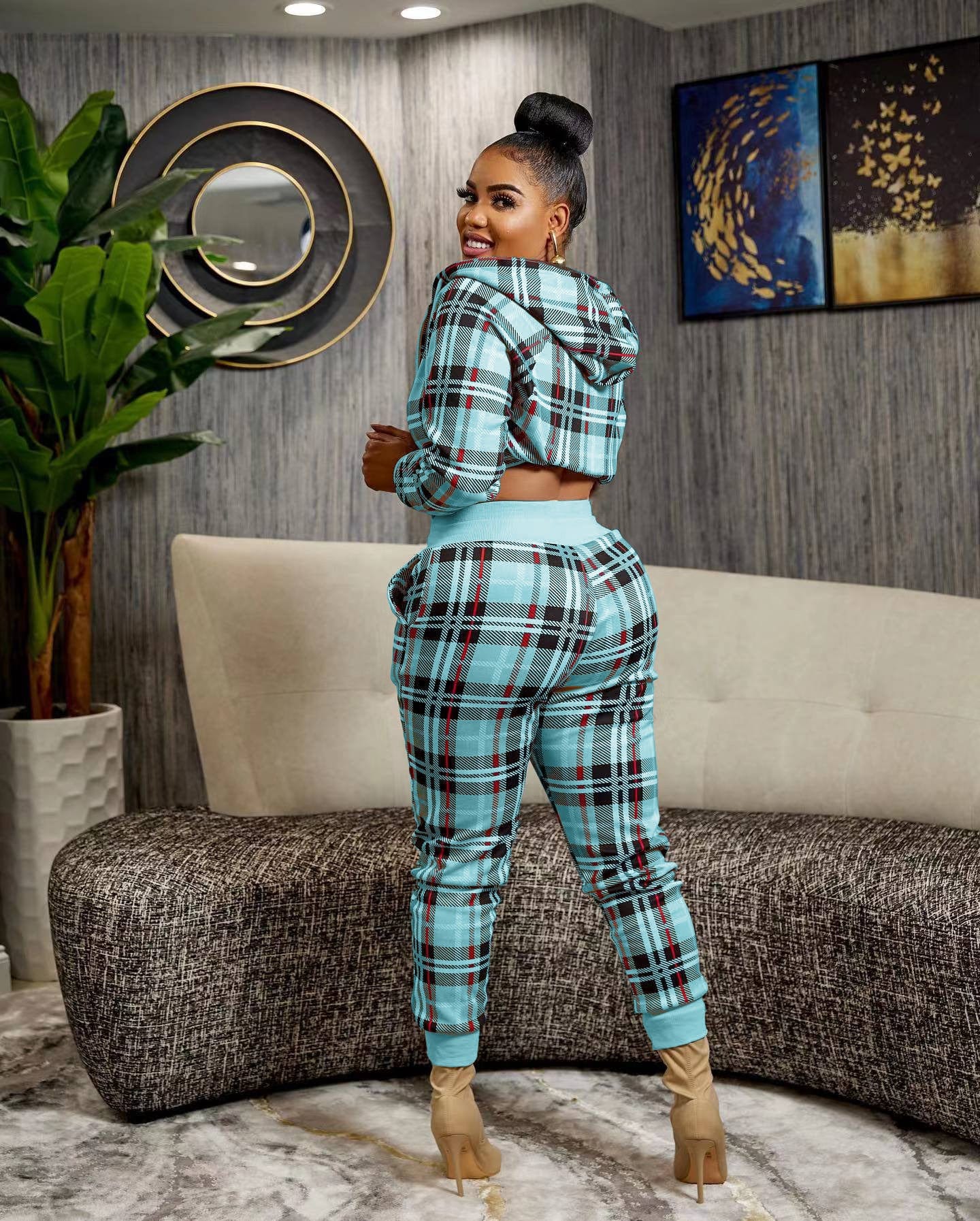 Sharee 2023 Popular Brand Clothes Us Size Two Piece Plaid Hoodie Jacket Pants Sets Sweatsuit Sets Women