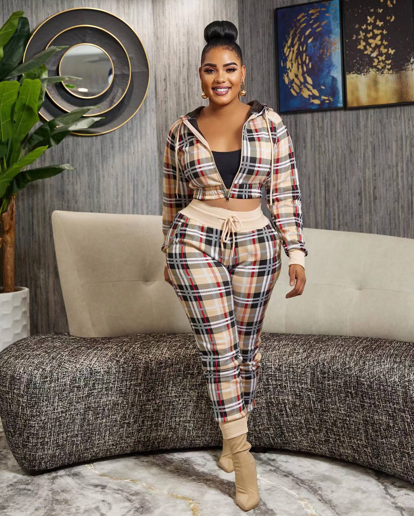 Sharee 2023 Popular Brand Clothes Us Size Two Piece Plaid Hoodie Jacket Pants Sets Sweatsuit Sets Women