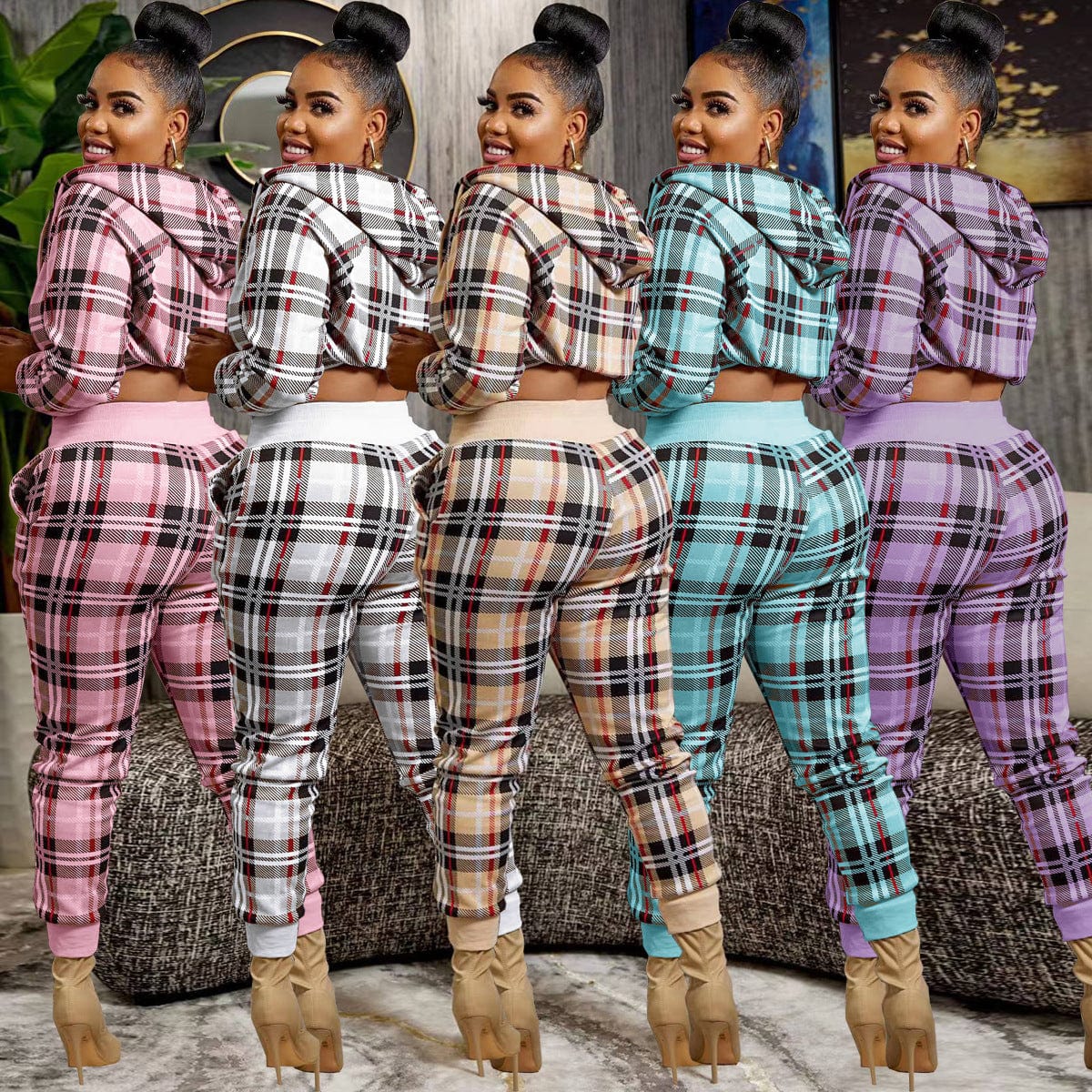Sharee 2023 Popular Brand Clothes Us Size Two Piece Plaid Hoodie Jacket Pants Sets Sweatsuit Sets Women