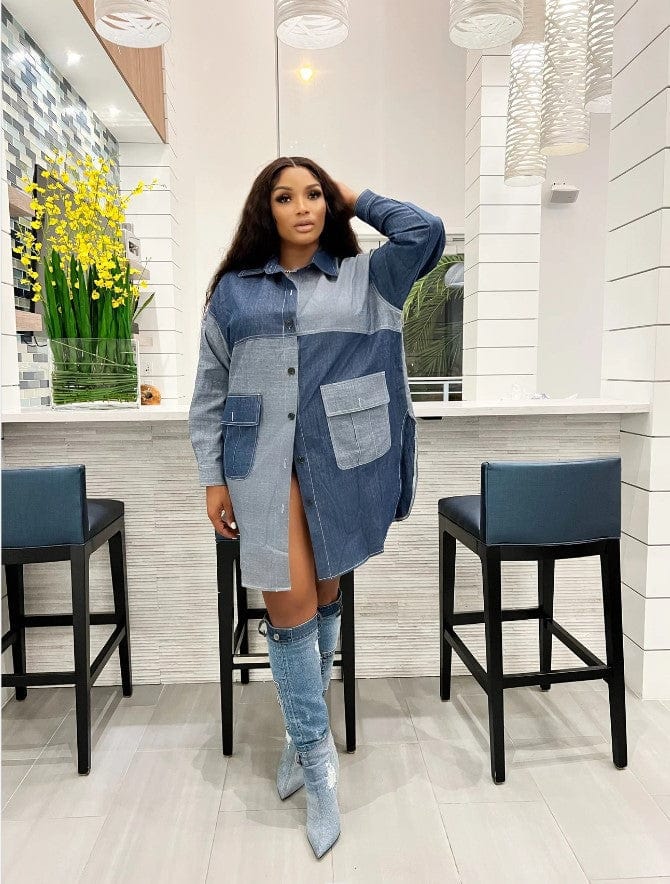 Sharee Clothing 2023 Spring Womens Clothing Patch Pockets Shirts Dress Vintage Wash Long Sleeve Denim Dress