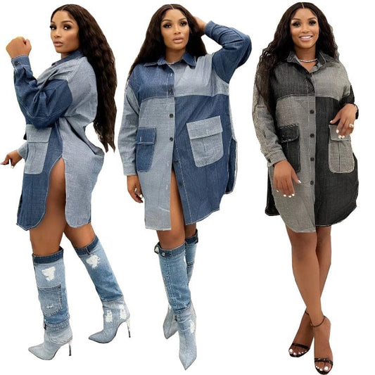 Sharee Clothing 2023 Spring Womens Clothing Patch Pockets Shirts Dress Vintage Wash Long Sleeve Denim Dress