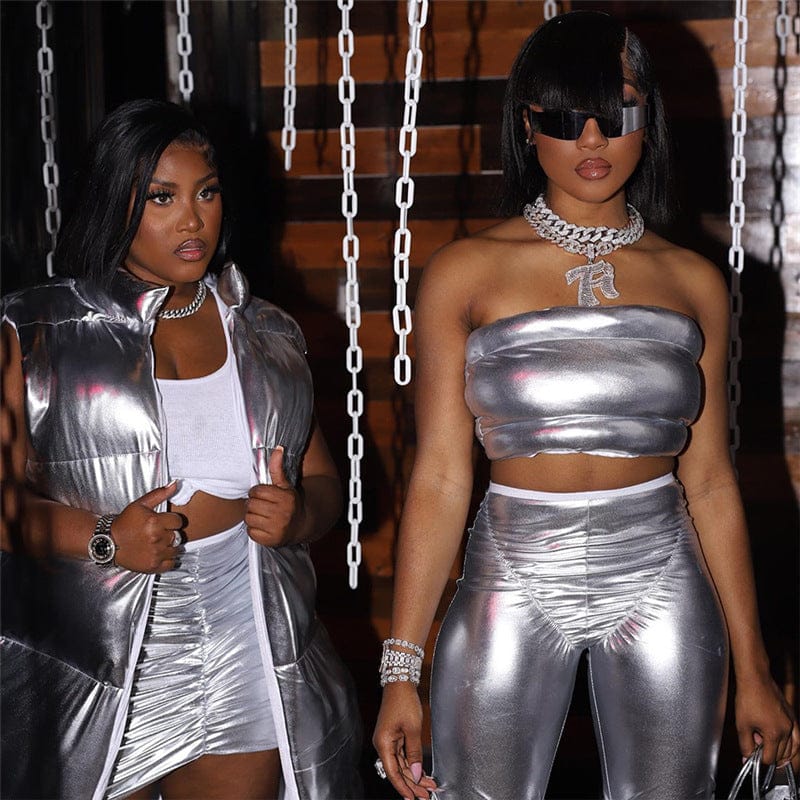 Sharee Clothing Spring 2023 Y2K Womens Clothing Street Fashion Silver Sexy Tube Tops And Pants Sets Women Two Piece Set