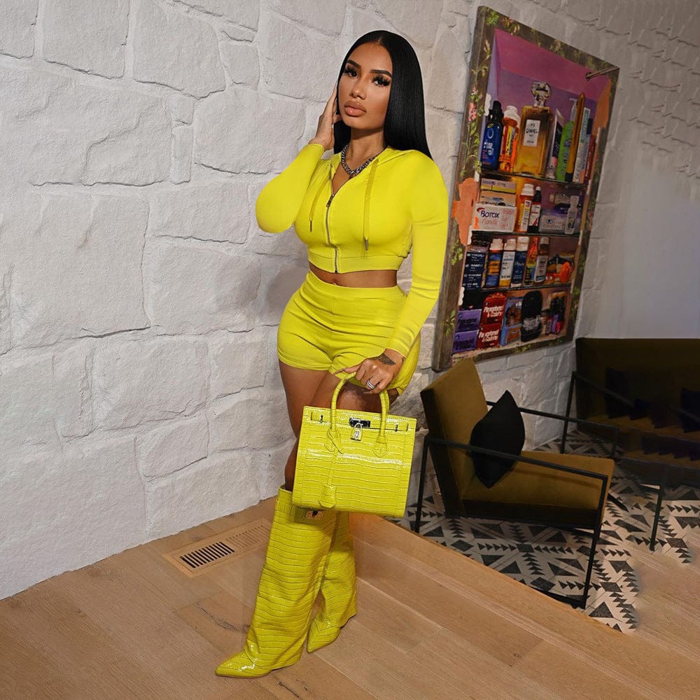 Shareee Clothing 2 Pieces Hoodie Crop Top Sweat Shorts Sets Stretchable Two Piece Set Summer Clothes For Women