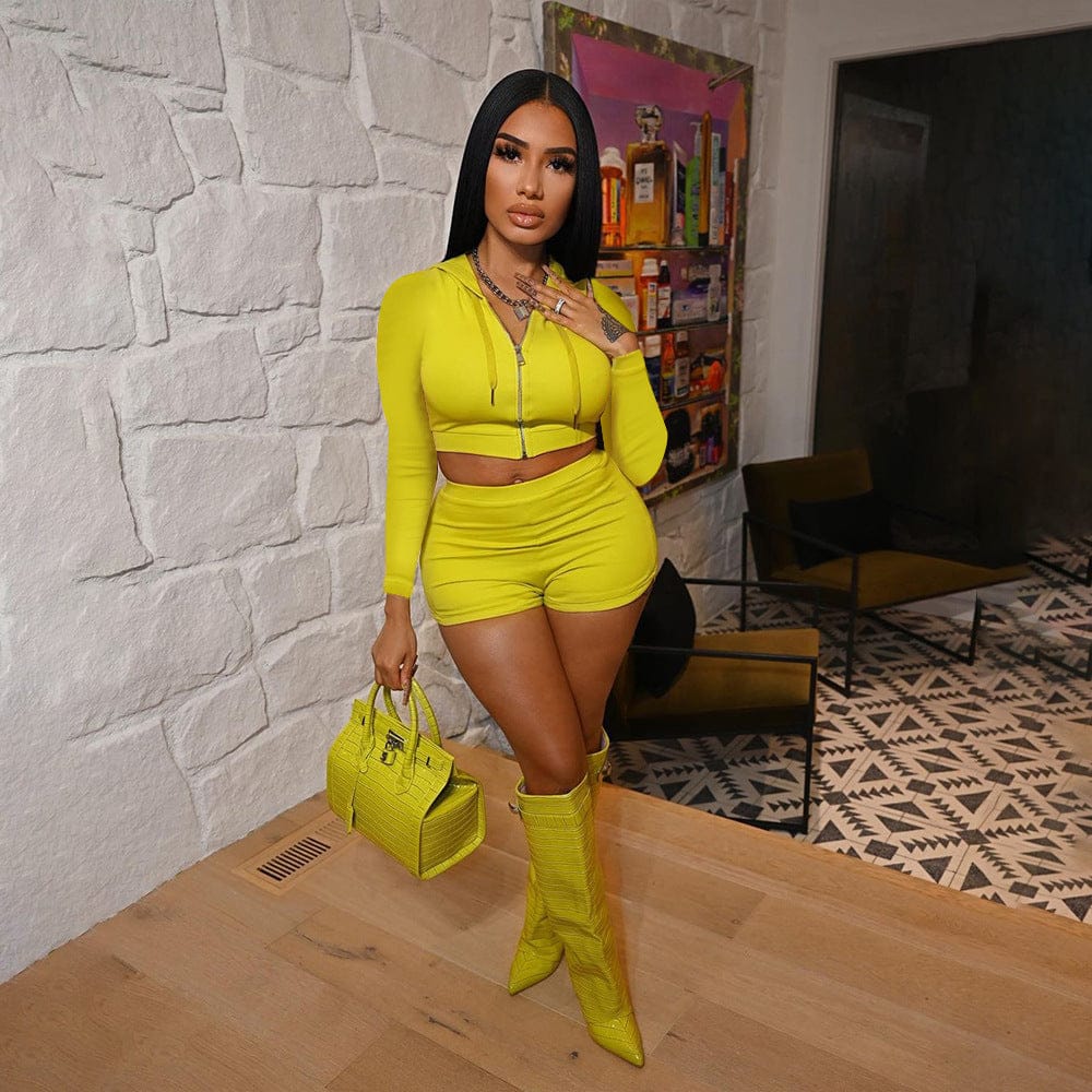 Shareee Clothing 2 Pieces Hoodie Crop Top Sweat Shorts Sets Stretchable Two Piece Set Summer Clothes For Women