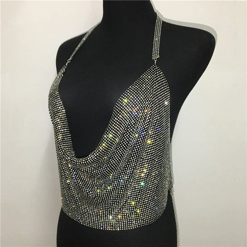 SHIHAN 2023 New Sexy rhinestones top color chainmail diamond party crystal deep V crop top for fashion festival vest women